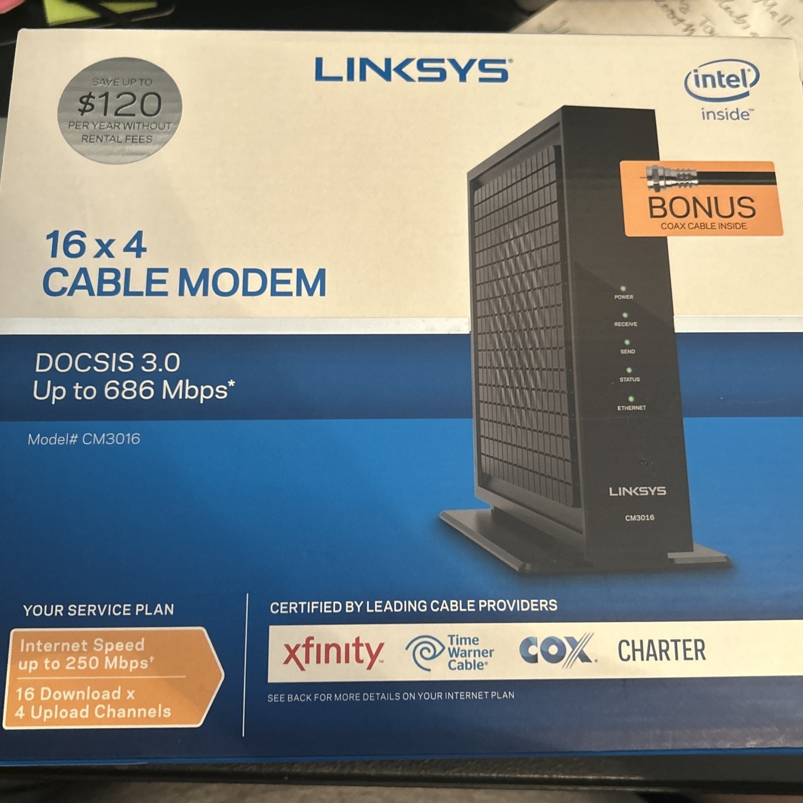 Linksys CM3016 16×4 Cable Modem – New & Sealed – DOCSIS 3.0 – up to 686 Mbps