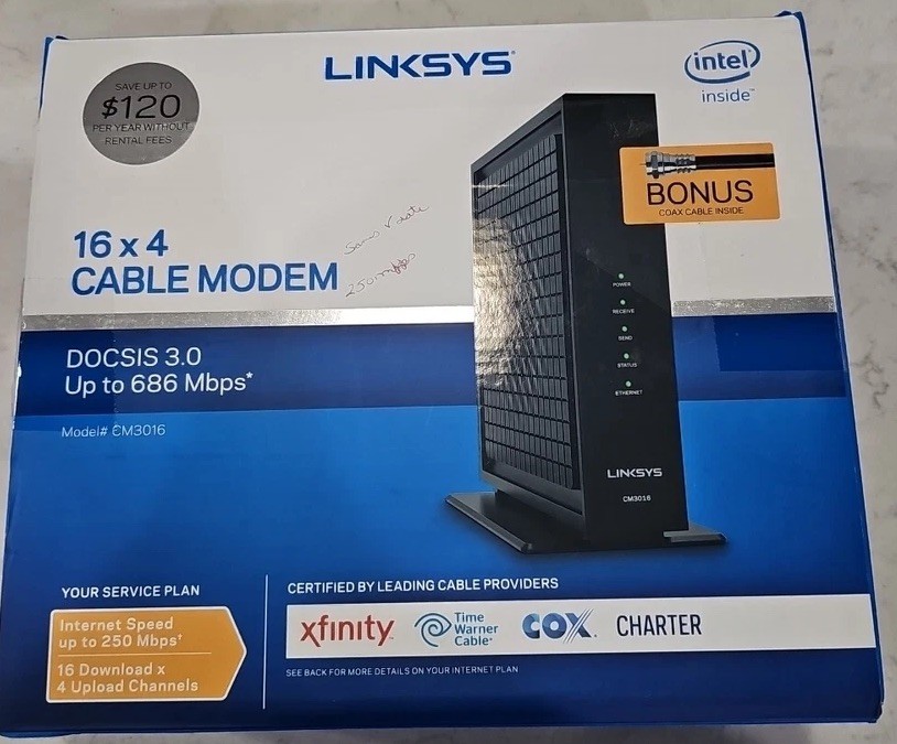 LINKSYS 16 x 4 Cable Modem | 16 x 4 Bonded Channels | DOCSIS 3.0 | CM3016