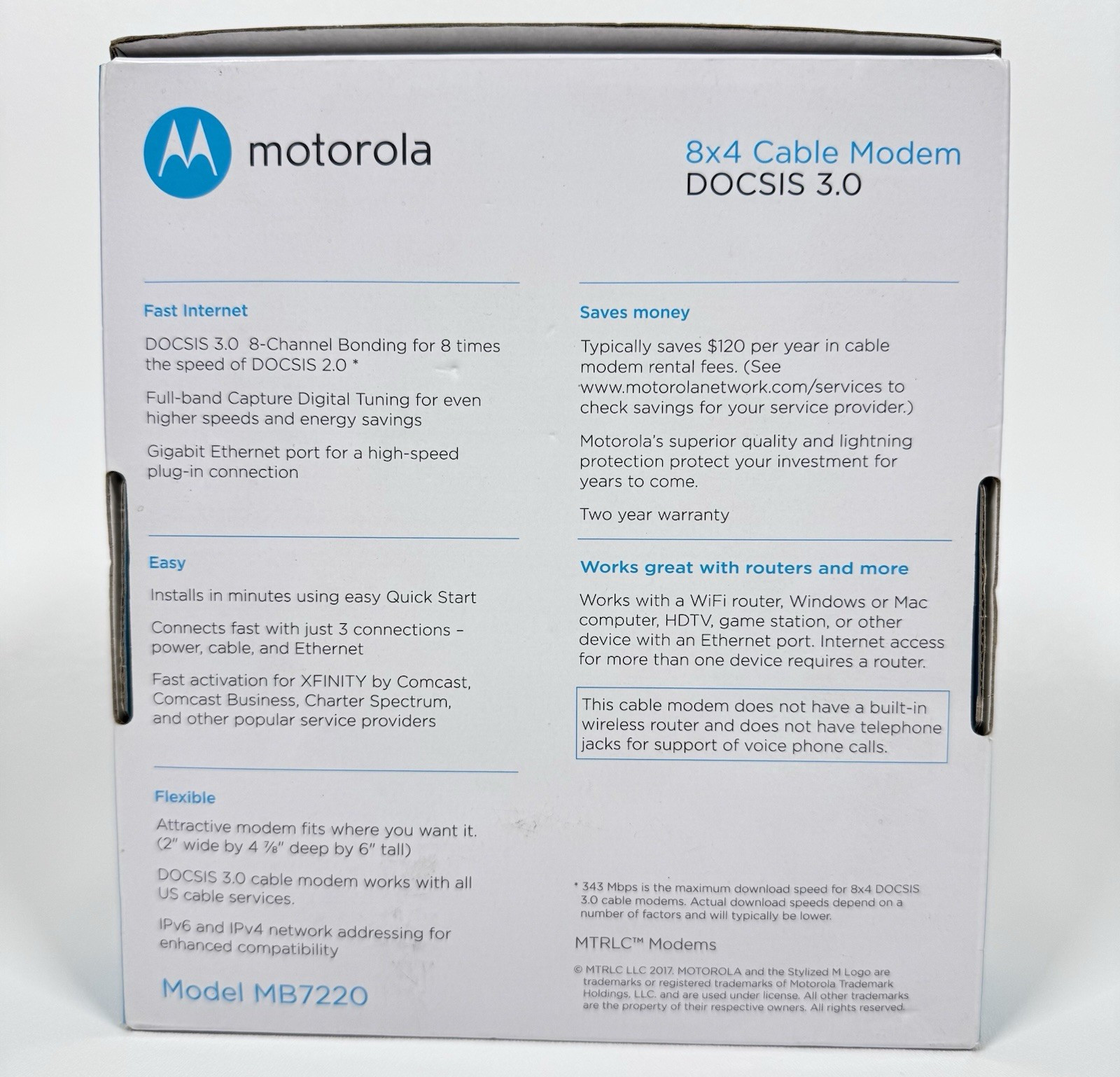 Motorola MB722010 343Mbps DOCSIS 3.0 Cable Modem – Brand New – Open Box