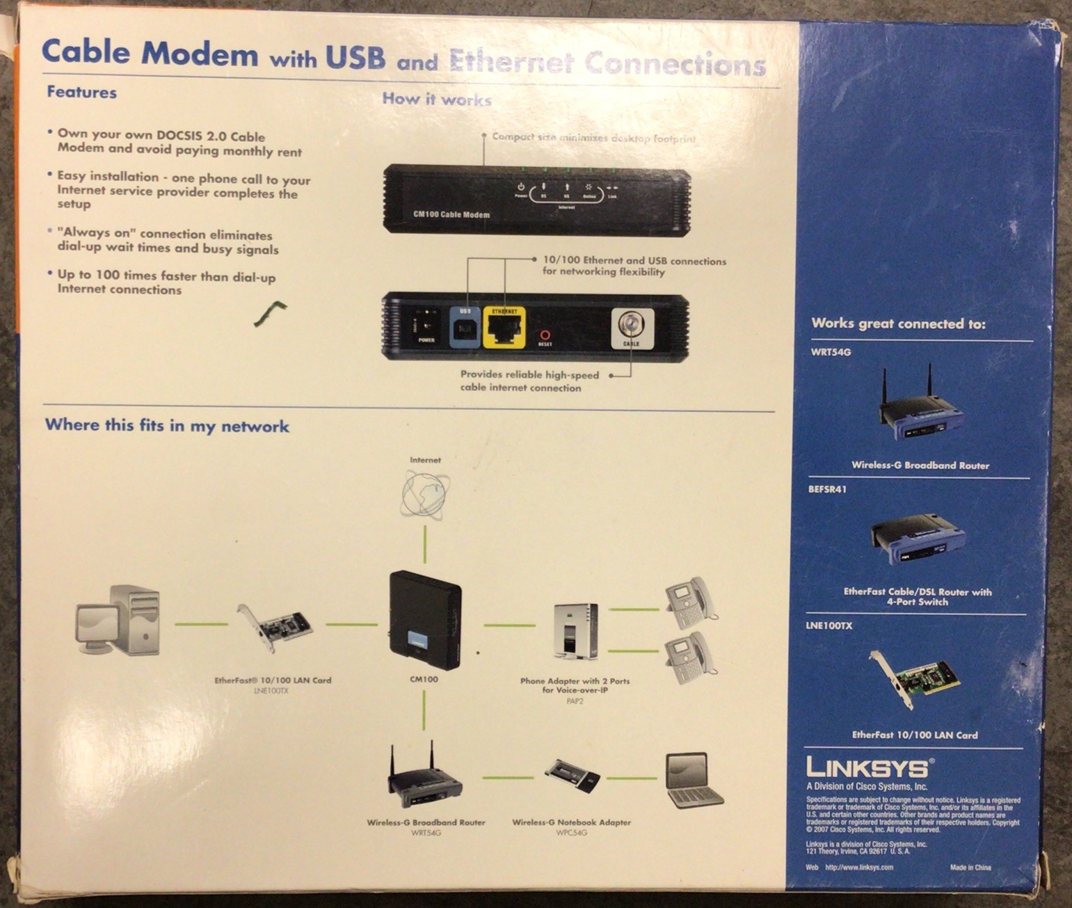 Linksys CM100 Cable Modem Usb And Ethernet 100 Mbps Internet