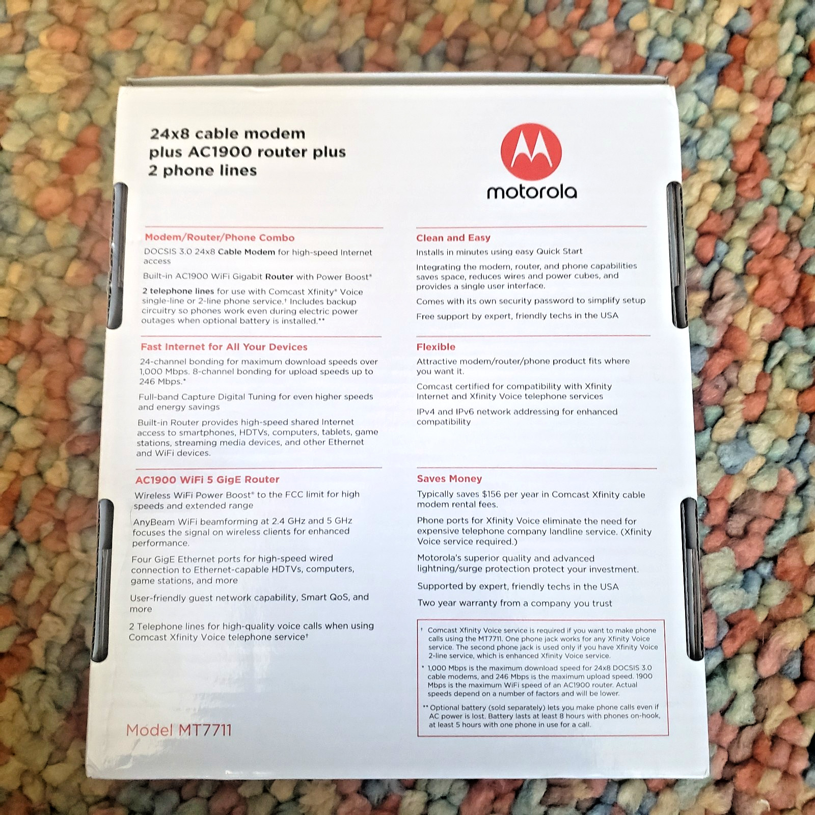 Motorola MT7711 24×8 Cable Modem Plus AC1900 WiFi Router & 2 Phone Lines