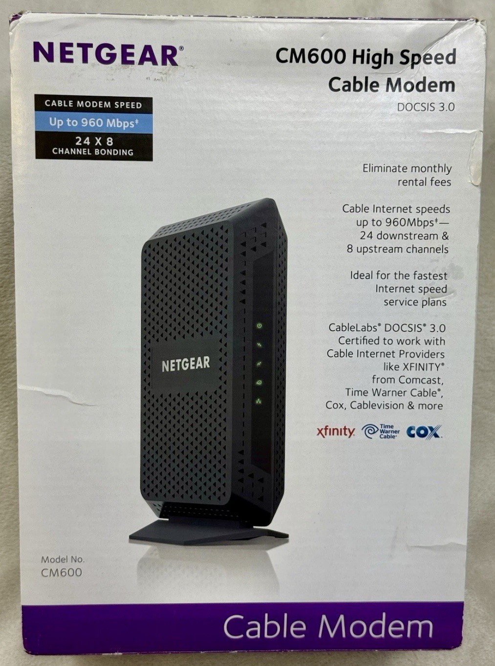 Netgear CM600 Cable Modem DOCSIS 3.0 24×8 Xfinity Cox Spectrum Tested Works