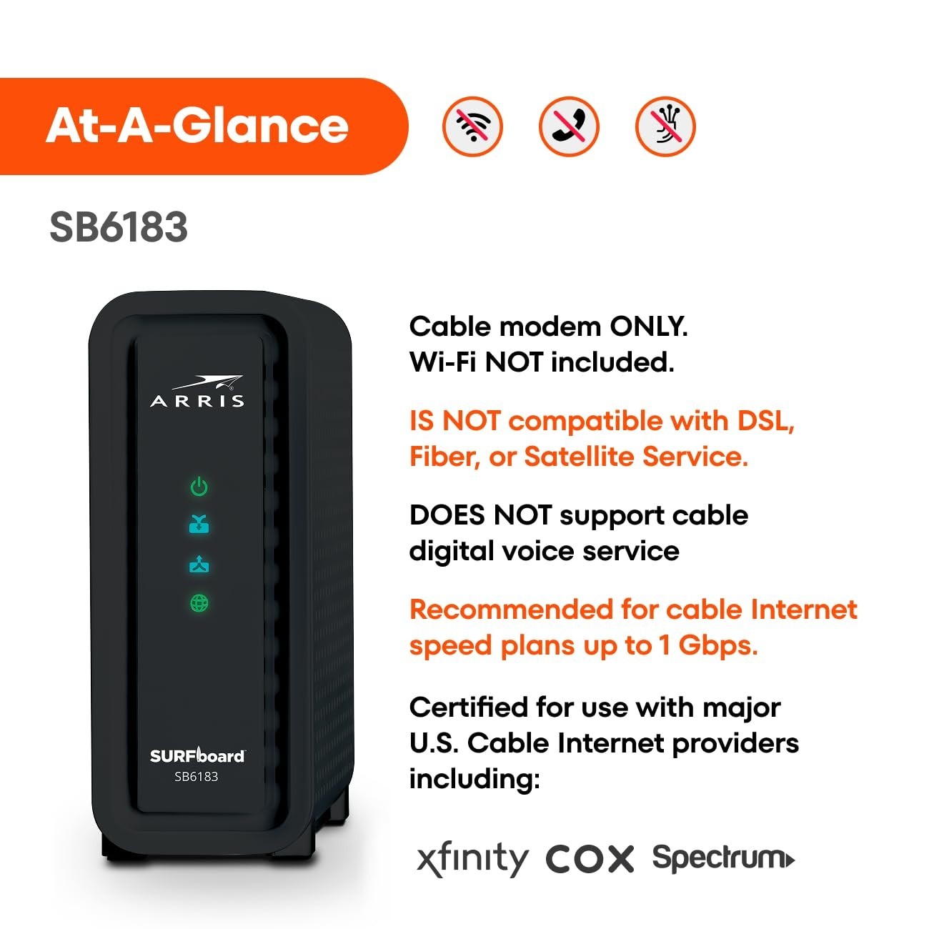 High-Speed DOCSIS 3.0 Cable Modem, 16×4 Gigabit, 1 Gbps Port, 400 Mbps Max Speed