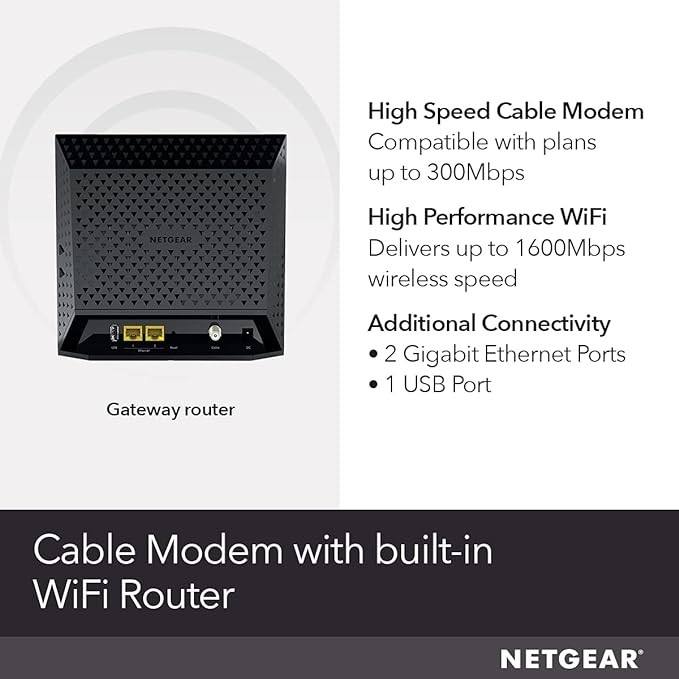 NETGEAR Cable Modem Router Combo C6250 – Dual Band, Compatible – Black