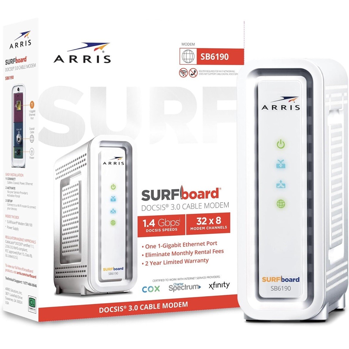 ARRIS Surfboard SB6190-RB DOCSIS 3.0 Cable Modem, White – Brand New Open Box.