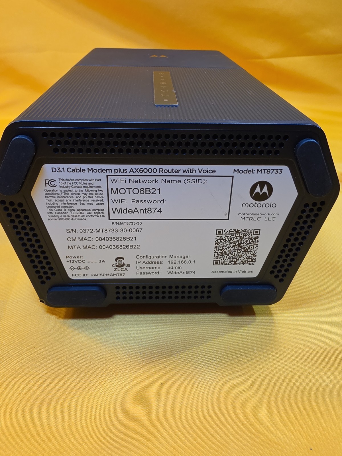 Motorola MT8733 DOCSIS 3.1 Cable Modem AX6000 WiFi 6 Router No Power Adapter