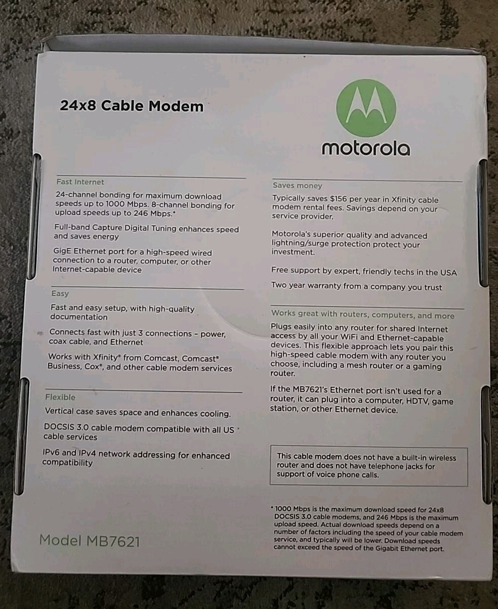 Motorola 24×8 cable modem MB7621 1000+ Mbps / New Open Box (JBR)