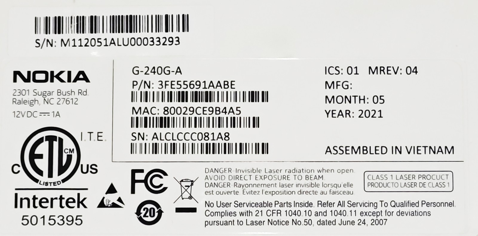 NOKIA G-240G-A Fibre Optical Network Terminal (“ONT”). FREE CANADA SHIPPING