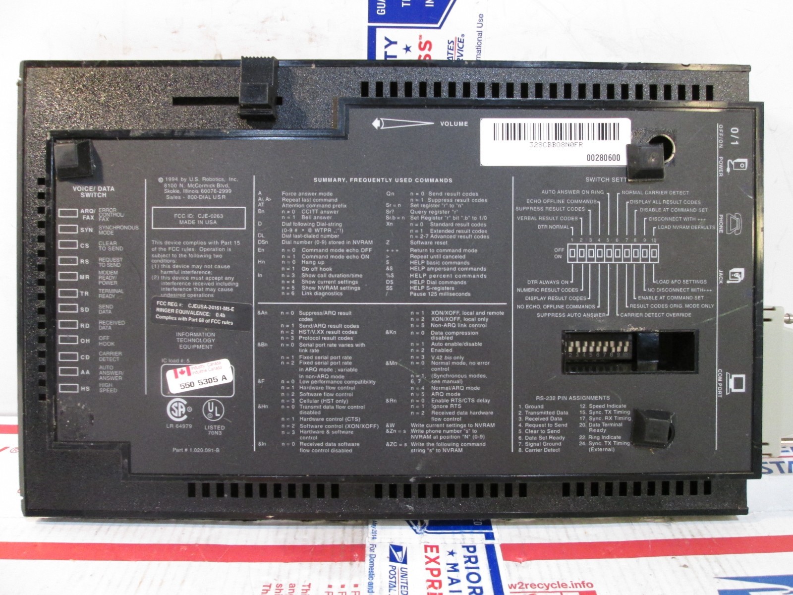 US ROBOTICS 000954-00 COURIER V.34 FAX WITH V.32 BIS MODEM CJE-0263 NO AC CORD