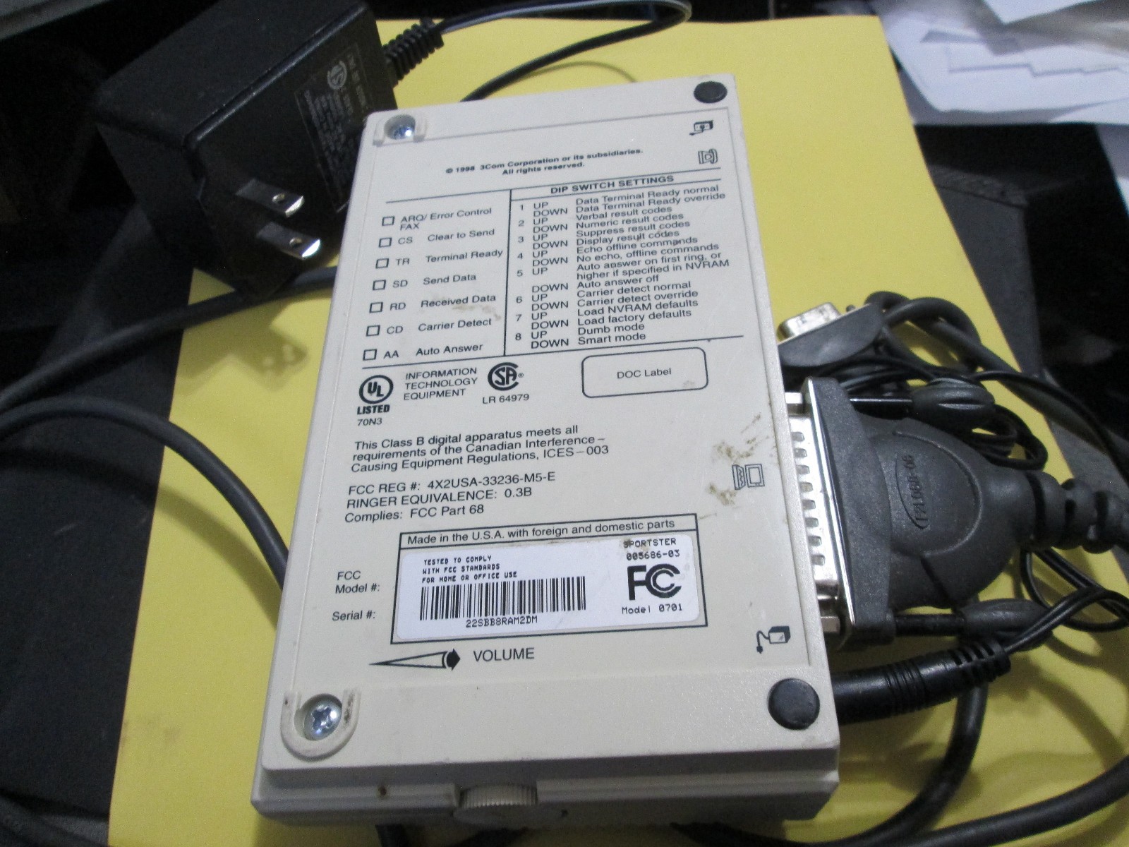 US Robotics 56K FaxModem Model 0701 With Power Adapter And Cable