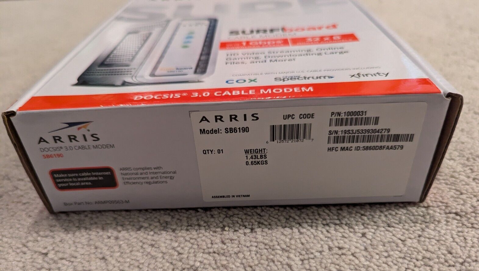 ARRIS Surfboard SB6190-RB DOCSIS 3.0 Cable Modem, White Working in Original Box