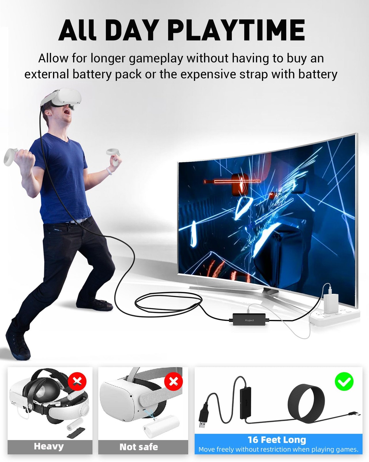Link Cable Charging Meta Quest 3S Oculus 3 2/Pro Pico 4 USB 3.0 5Gbp Speed 16FT
