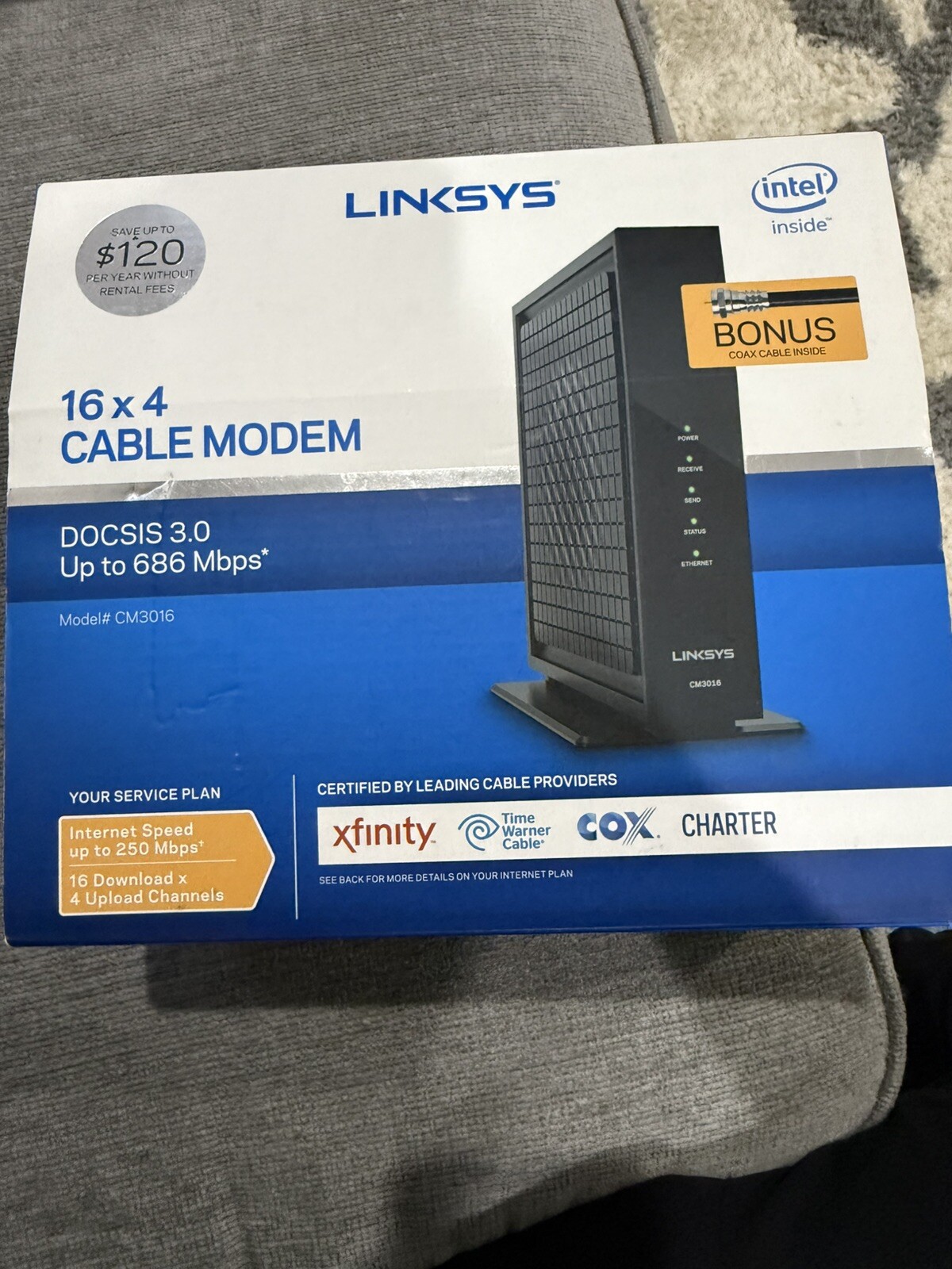 Linksys CM3016 16×4 Cable Modem DOCSIS 3.0 Up to 686 Mbps in Black