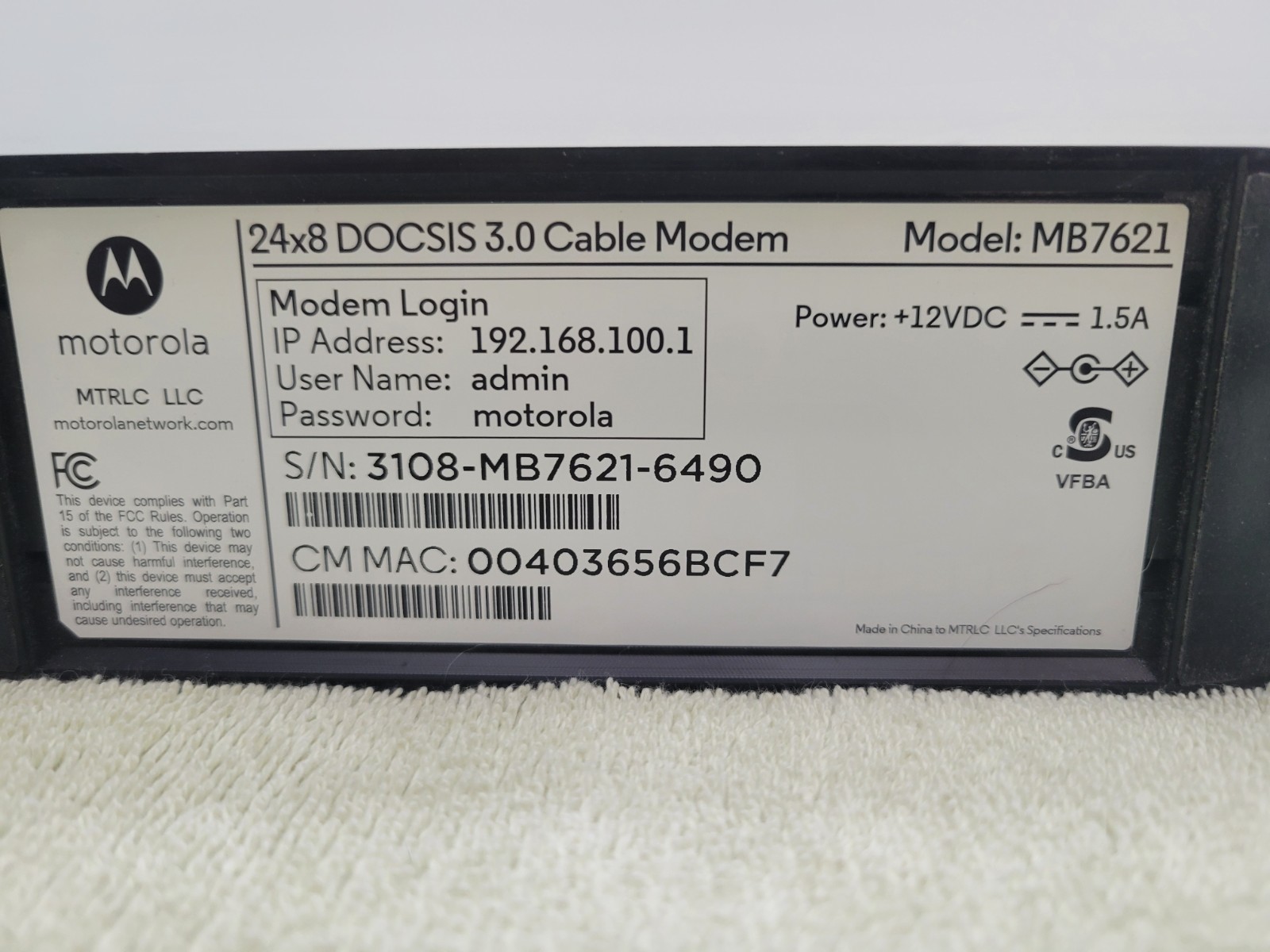 Motorola Cable Modem MB7621 DOCSIS 3.0 Ultra-High-Speed 24×8 Tested w/Manual