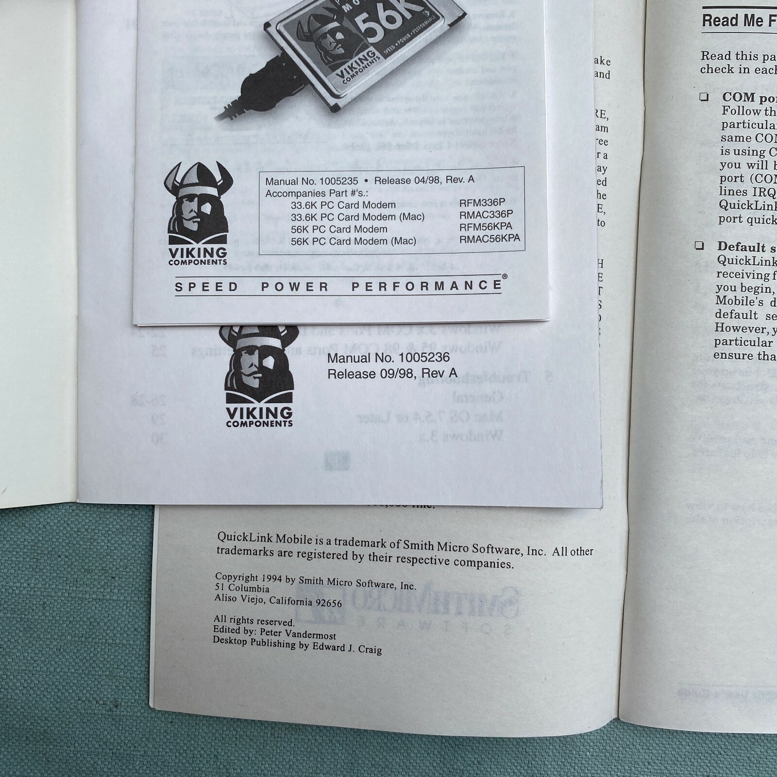 QuickLink Mobile Software 3.5 Floppy Viking 56K Modem PC Card Driver 1994 Manual