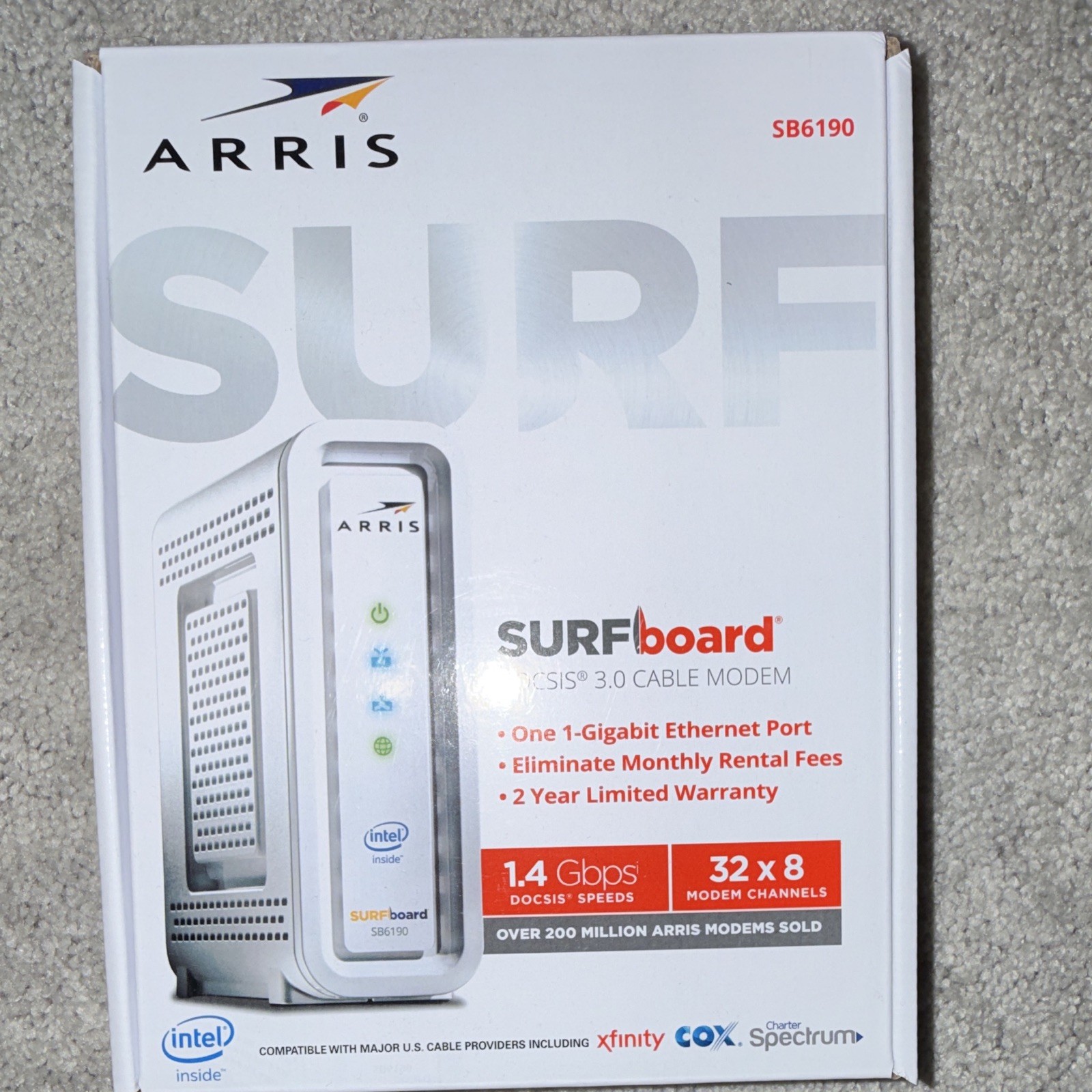 ARRIS SURFboard SB6190 DOCSIS 3.0 1.4 Gbps Cable Modem Intel Inside White