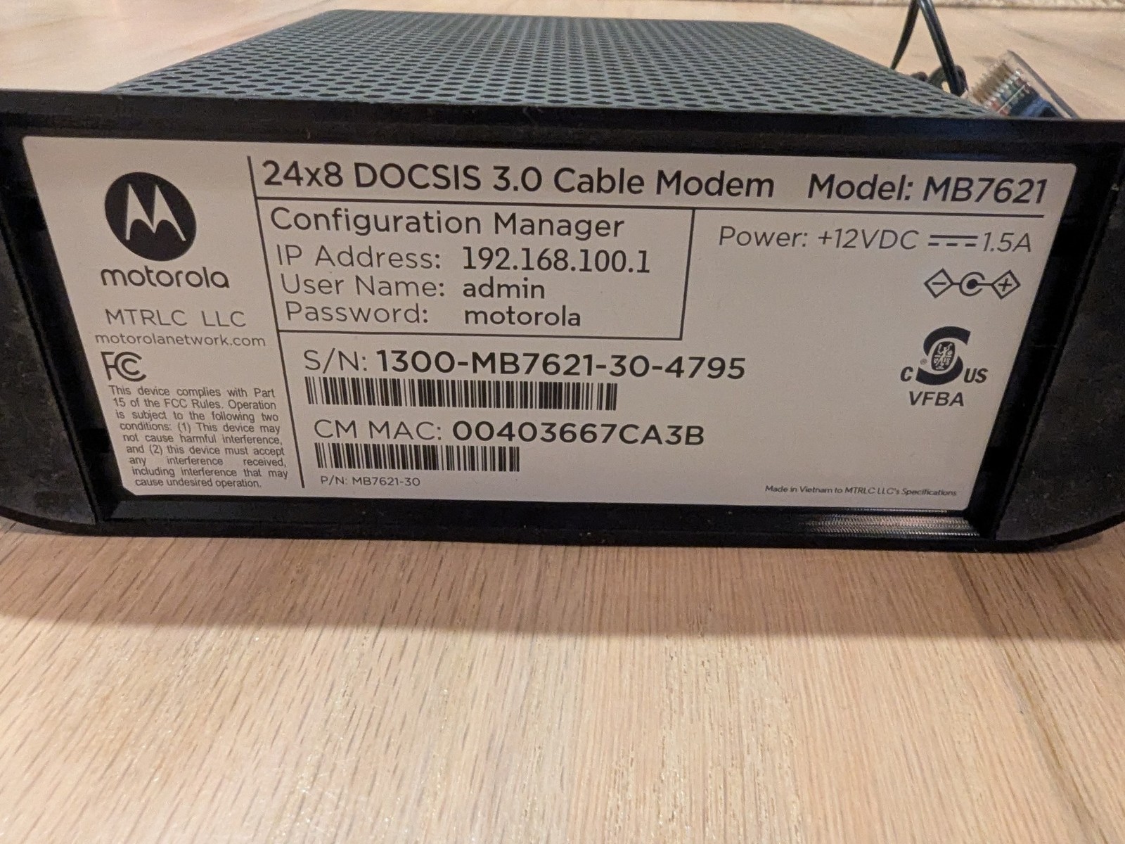 Motorola MB7621 Cable Modem DOCSIS 3.0 24×8 Up to 900 Mbps Comcast Spectrum