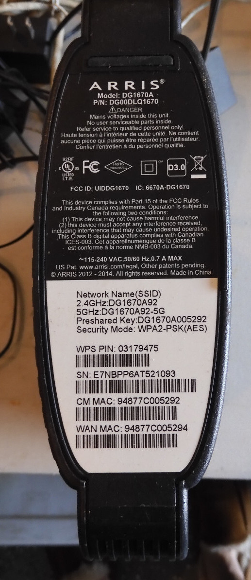 Arris DG1670A Model Router Dual Band P/N DG00DLQ1670 & SURFboard SB6141 & Ruckus