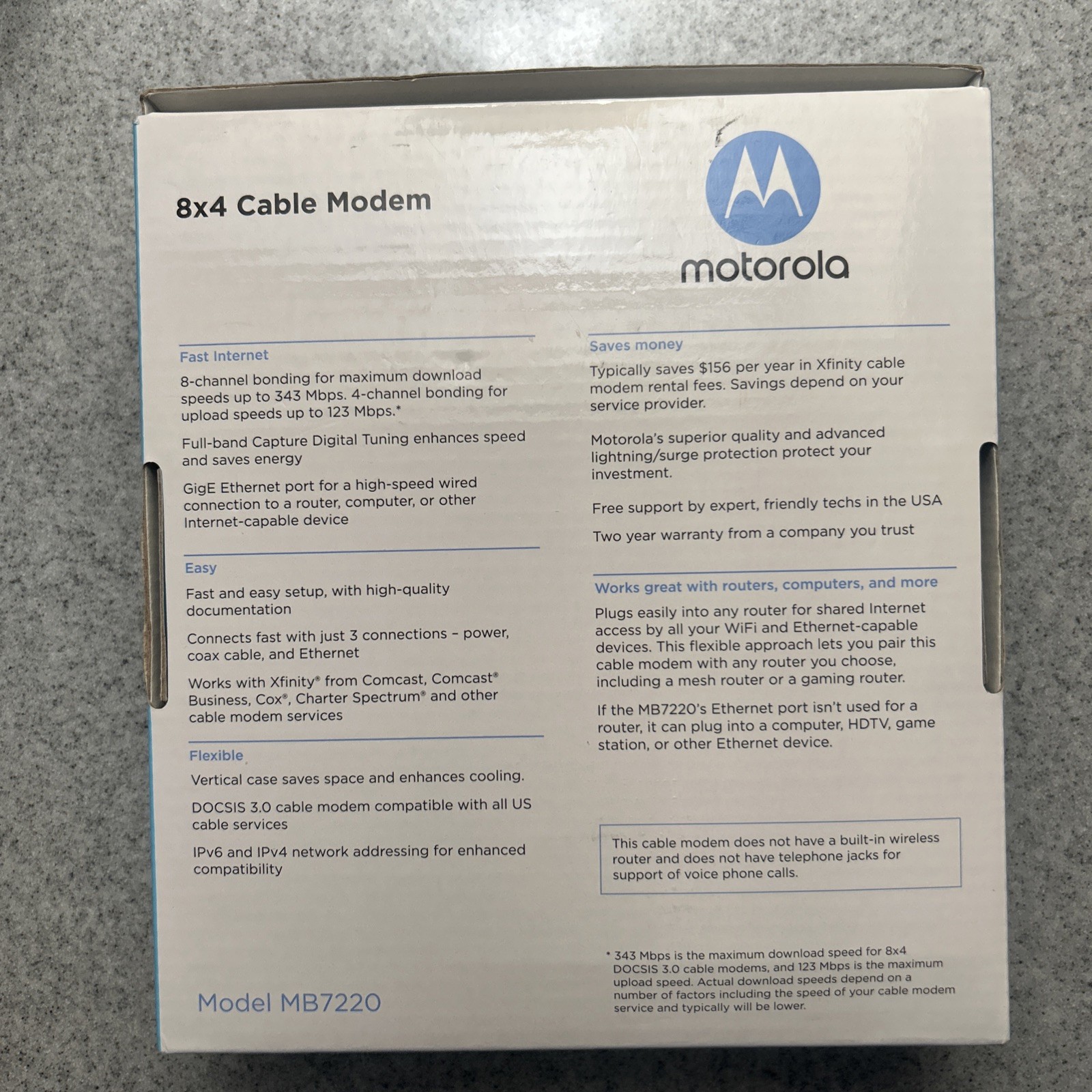 MOTOROLA 8×4 Cable Modem, Model MB7220, 343 Mbps DOCSIS 3.0