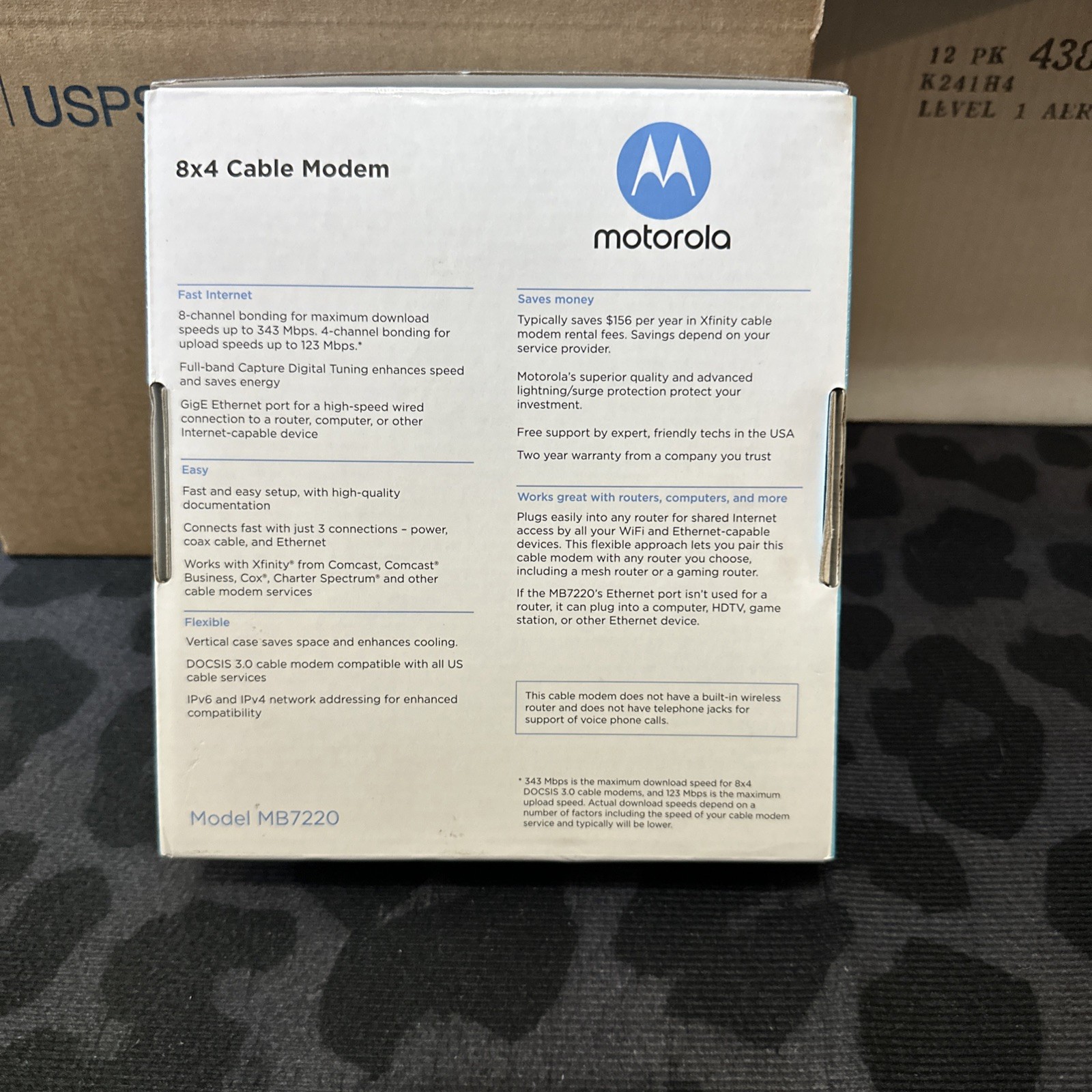 MOTOROLA 8×4 Cable Modem, Model MB7220, 343 Mbps DOCSIS 3.0