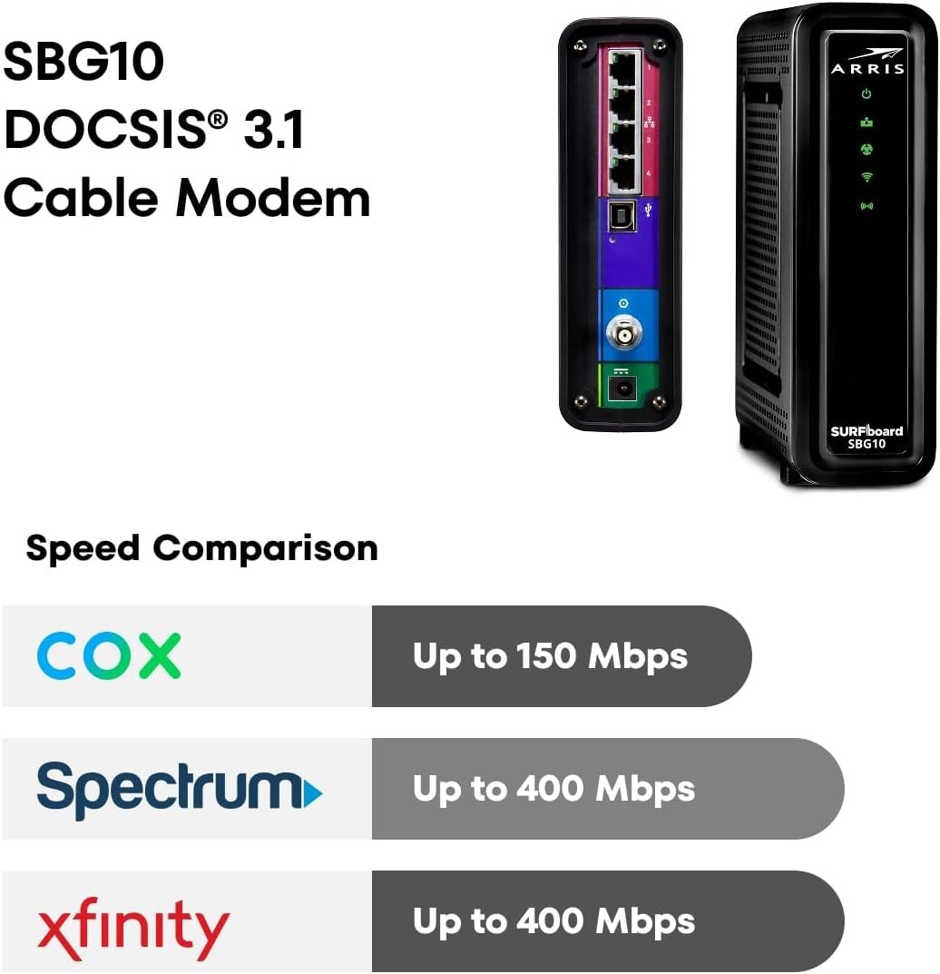 ARRIS SBG10 DOCSIS 3.0 Modem Router AC1600 for Xfinity/Cox (400 Mbps) WIFI