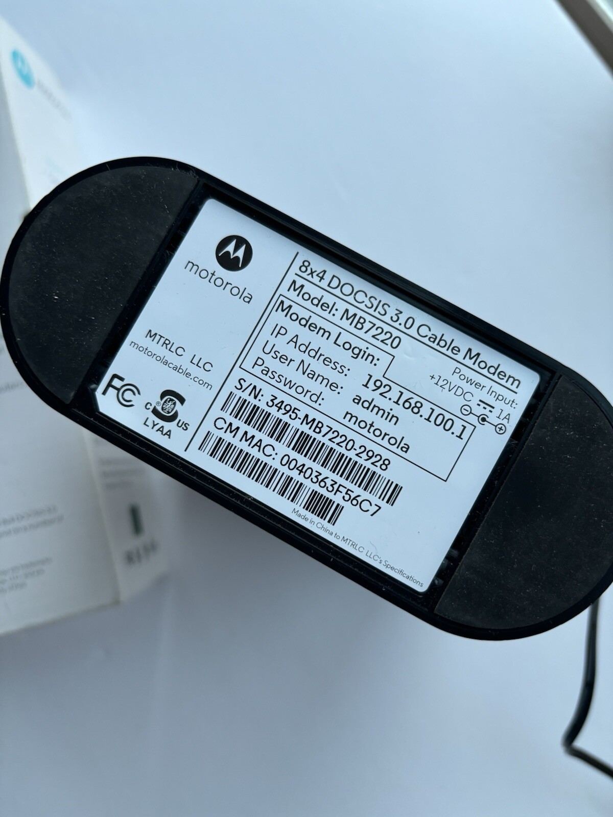 Motorola 8×4 Cable Modem MB7220, 343 Mbps DOCSIS 3.0 Turns On Did Not Wire Test