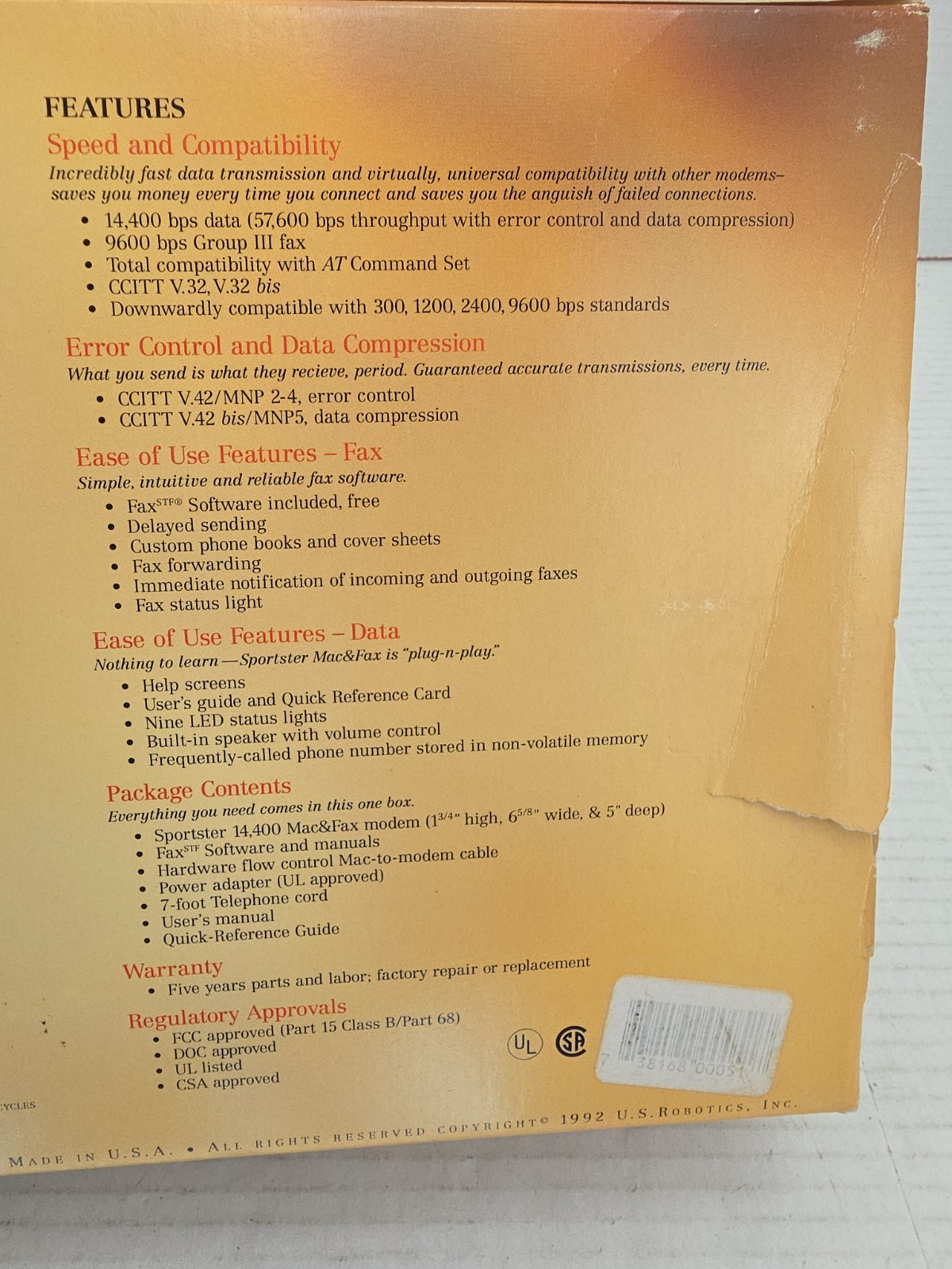 US ROBOTICS MAC&FAX SPORTSTER 14,400 FAX/DATA MODEM