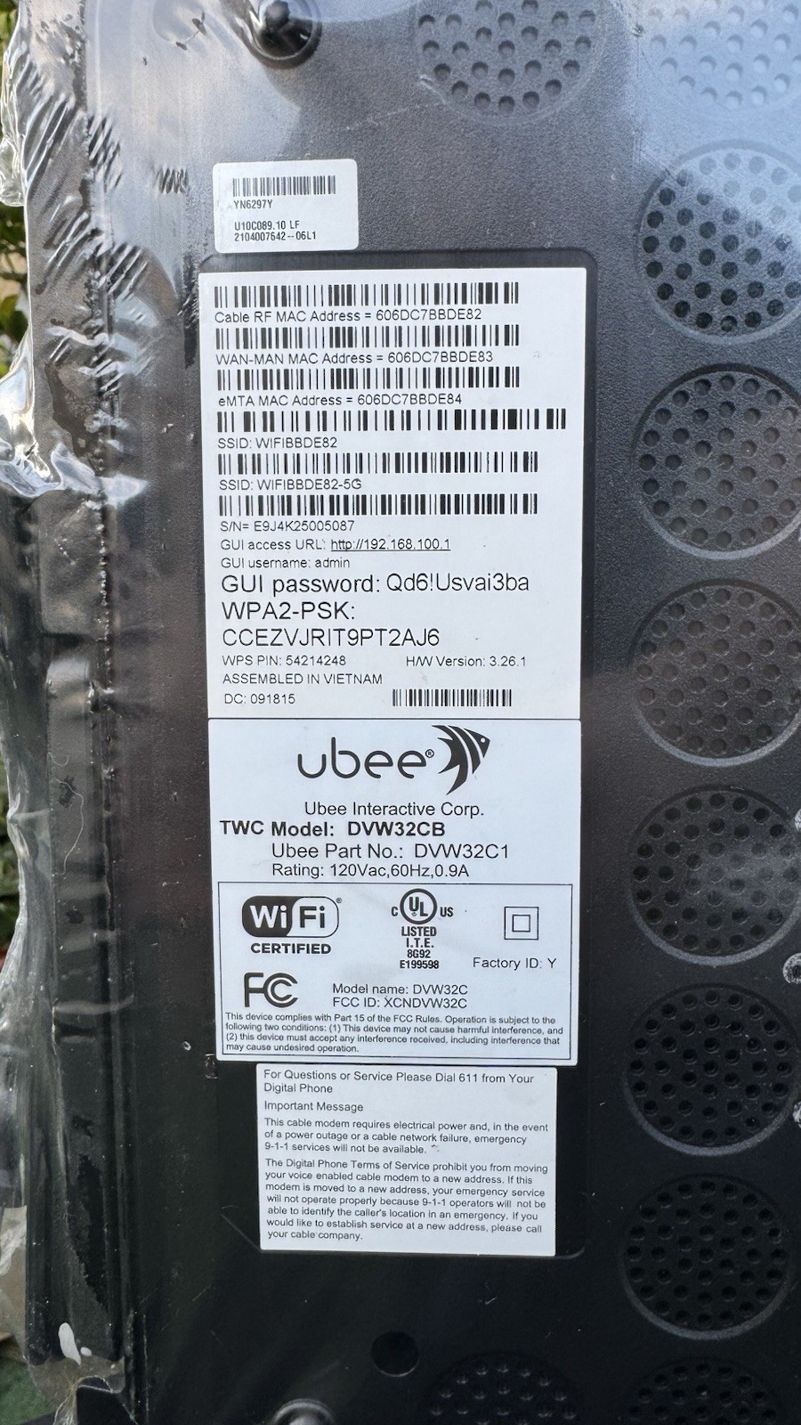 Ubee DWW32CB Cable Modem WiFi Router TWC 4-Port DOCSIS Voice MoCA