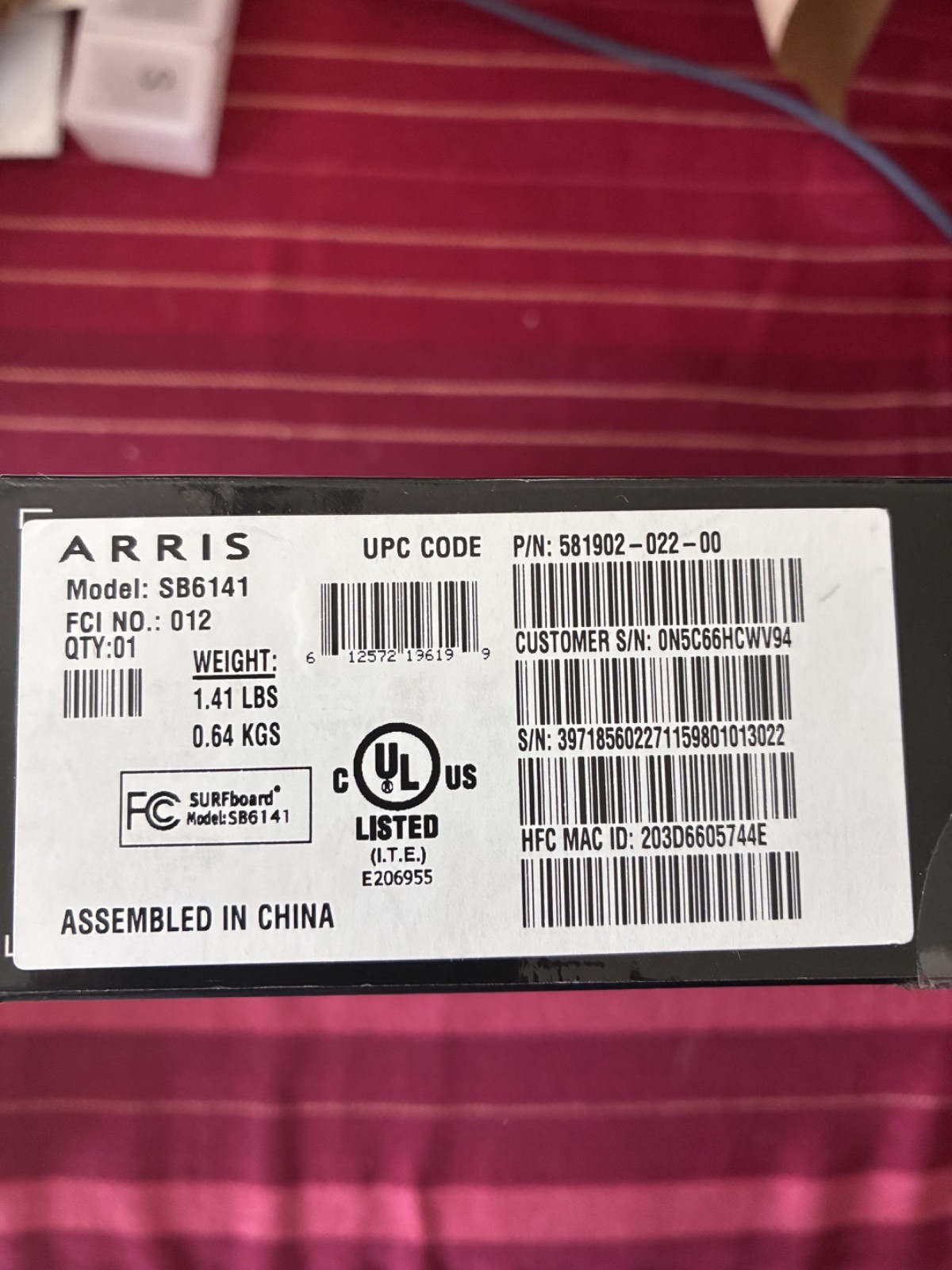Arris SURFboard Cable Modem SB6141 DOCSIS 3.0 Open Box