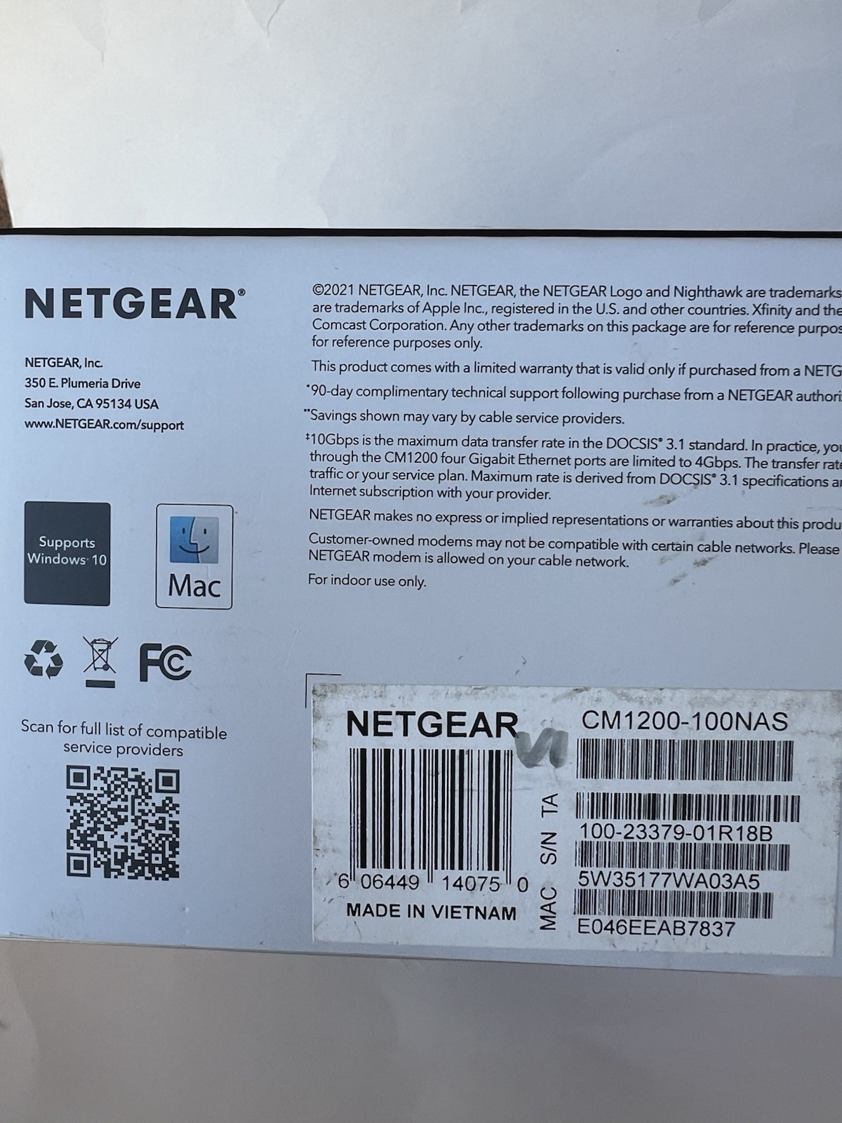 NETGEAR Nighthawk CM1200-100NAS DOCSIS 3.1 Cable Modem