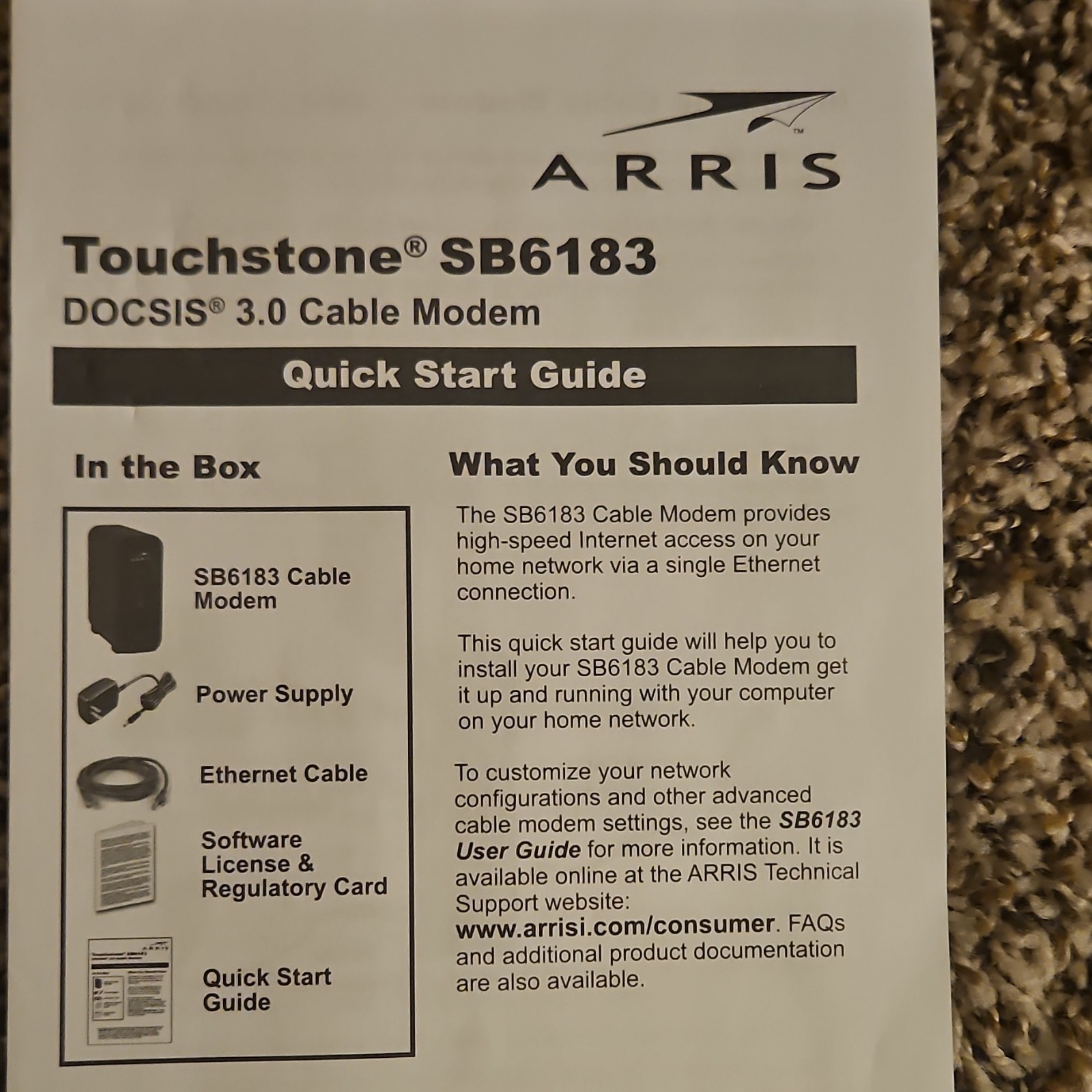 ARRIS SURFboard SB6183 DOCSIS 3.0 Cable Modem 686 Mbps w/ PSU & Ethernet Cable