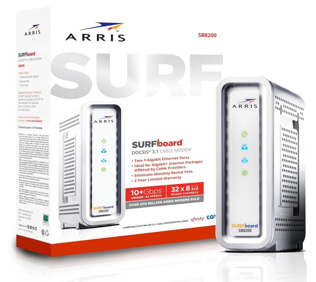 Arris Surfboard Cable Modem SB8200 Comcast Xfinity, Cox, Charter Spectrum 2Gbps