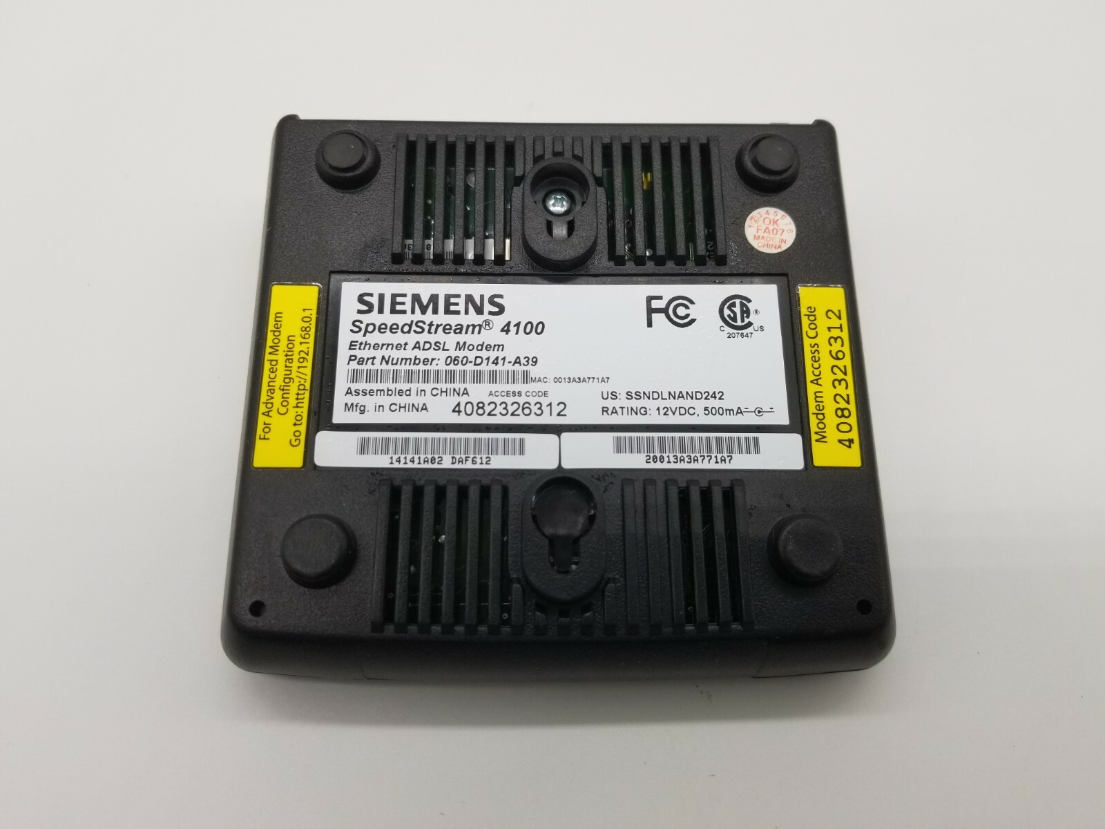 Siemens SpeedStream 4100B Ethernet ADSL Modem 12 VDC 500mA power supply inc.