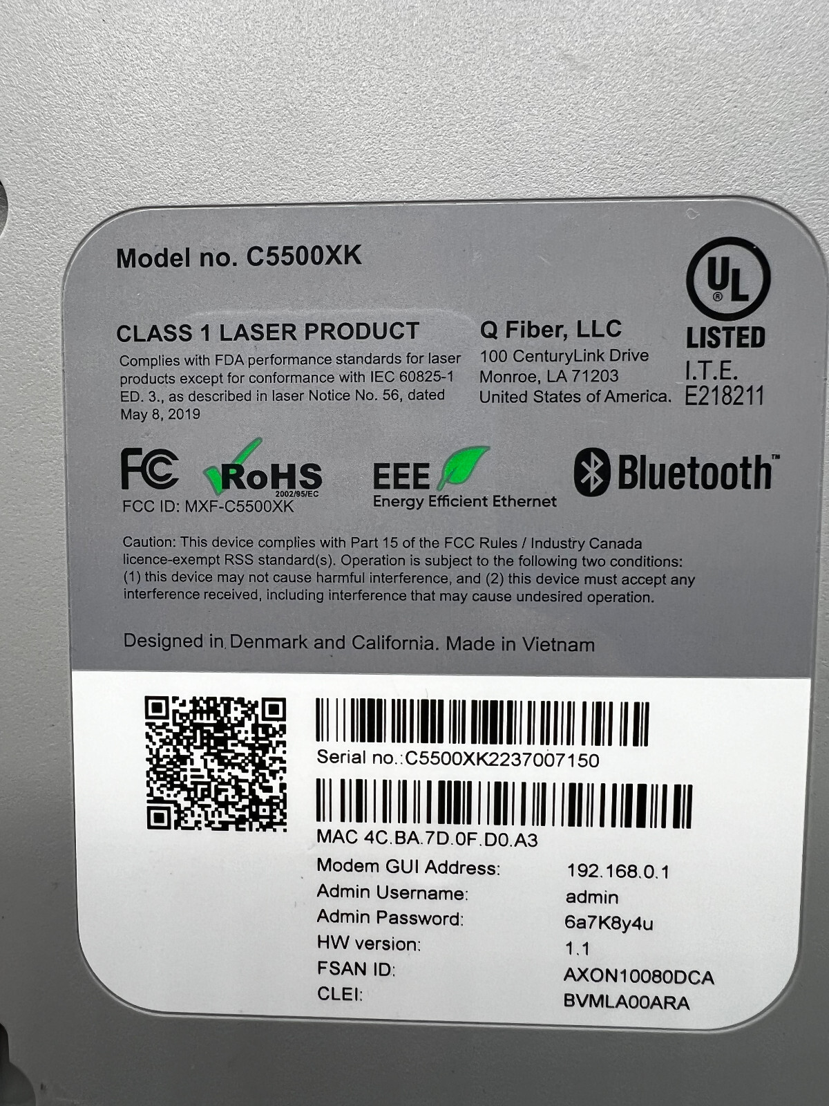 Quantum Fiber C5500XK High Performance Modem No AC Power Adapter