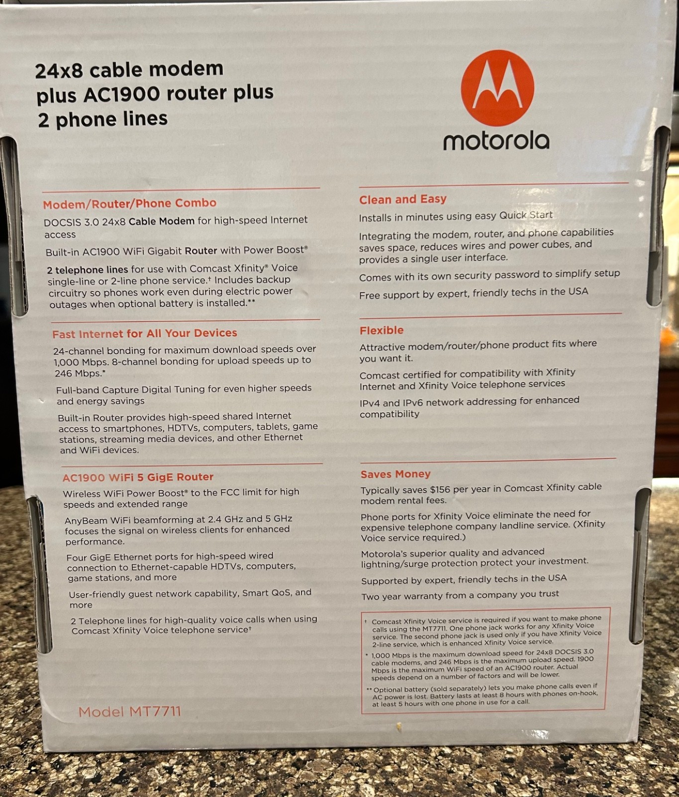 Motorola Cable Modem Wi-Fi Gigabit Router Model No. MT7711-AC1900-Power Boost