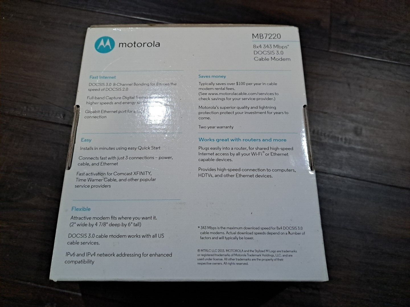 MOTOROLA 8×4 Cable Modem, Model MB7220, 343 Mbps DOCSIS 3.0
