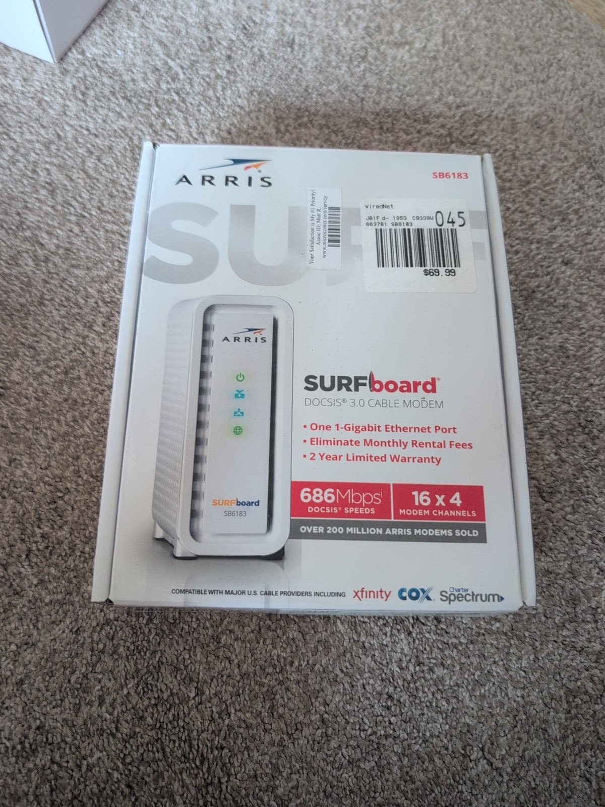 ARRIS SURFboard SB6183 Cable Internet Modem Gaming Speed White NEW Open Box