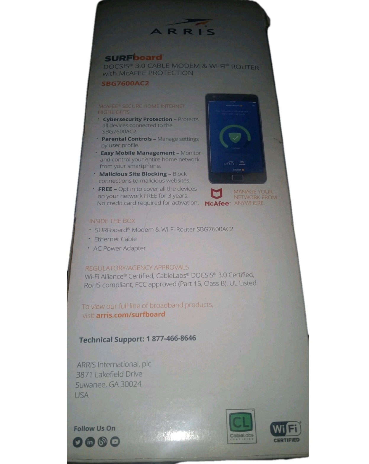 ARRIS Surfboard SBG7600AC2 Cable Modem & Wi-fi Router With Free McAfee