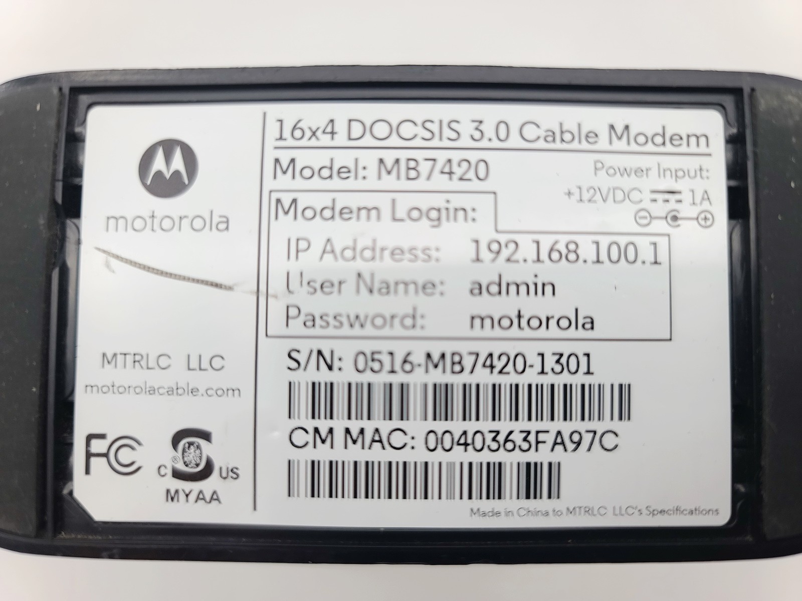 MOTOROLA MB7420 CABLE 16X4 MODEM MODEL 686 MBPS DOCSIS 3.0 W BUNDLE