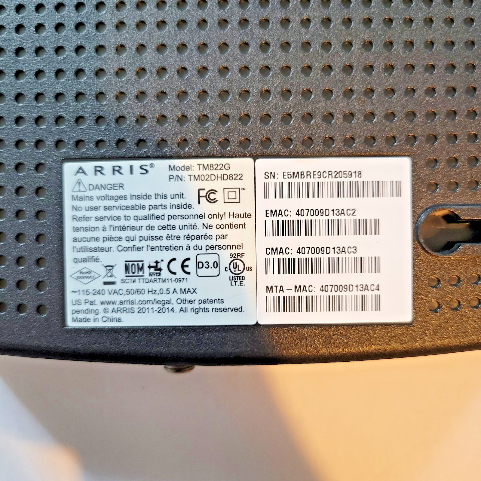 ARRIS TM822G Modem For Optimum Internet and Cablevision Untested
