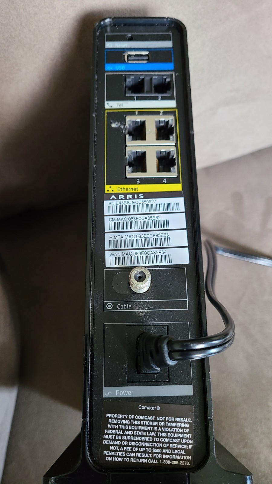 Arris Xfinity Modem Router Arris TG862G/CT & Power Cord, No Box