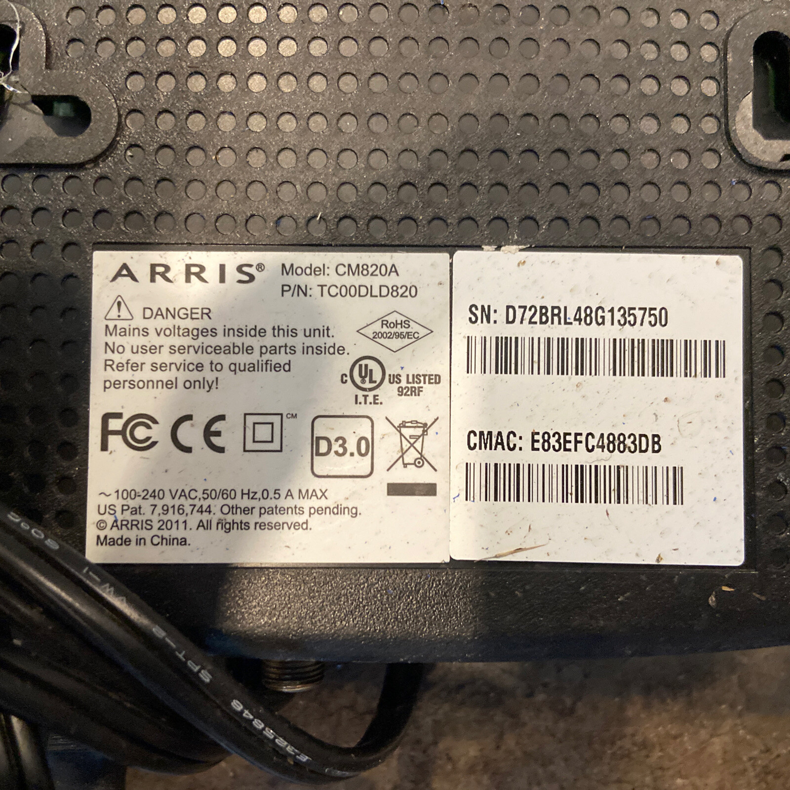 Arris CM820A/NA TC00DLD820 CM820A/NA Cable Modem w/ Power Cord