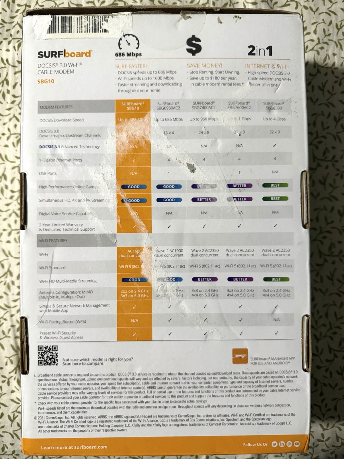 ARRIS Surfboard SBG10 DOCSIS 3.0 Wi-Fi Cable Modem – NEW Open Box