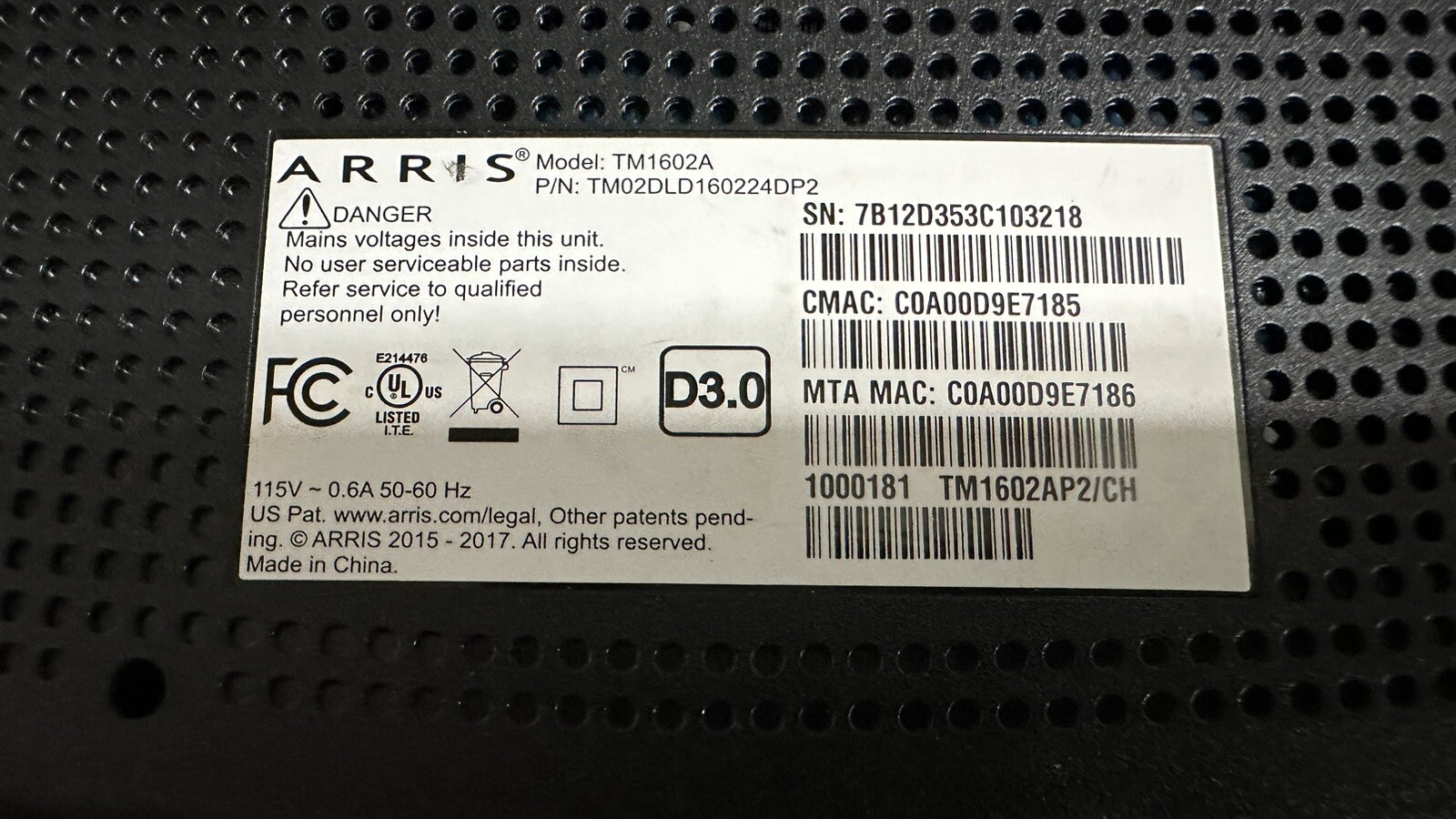 Arris TM1602A Docsis 3.0 Telephony Cable Modem
