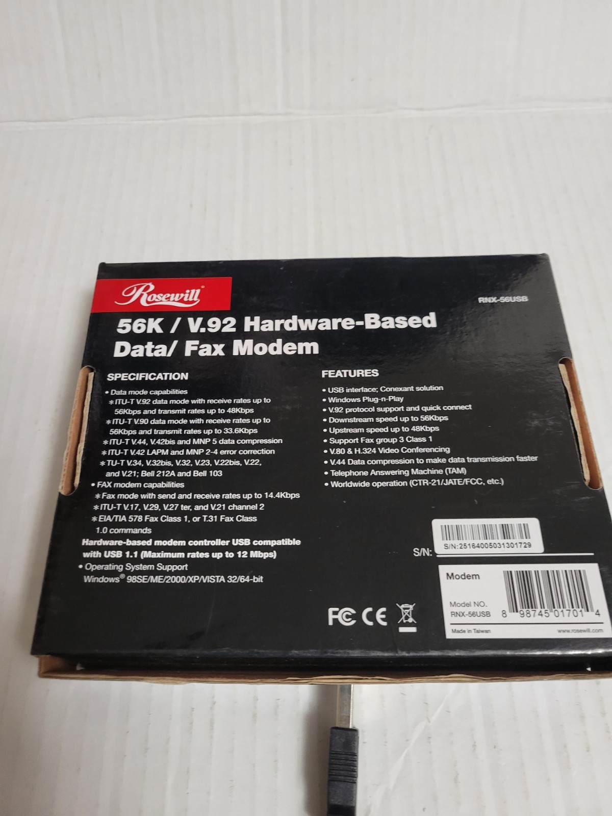 Rosewill RNX-56USB 56Kbps V.92 Hardware-Based USB Dial-Up Data/Fax Modem