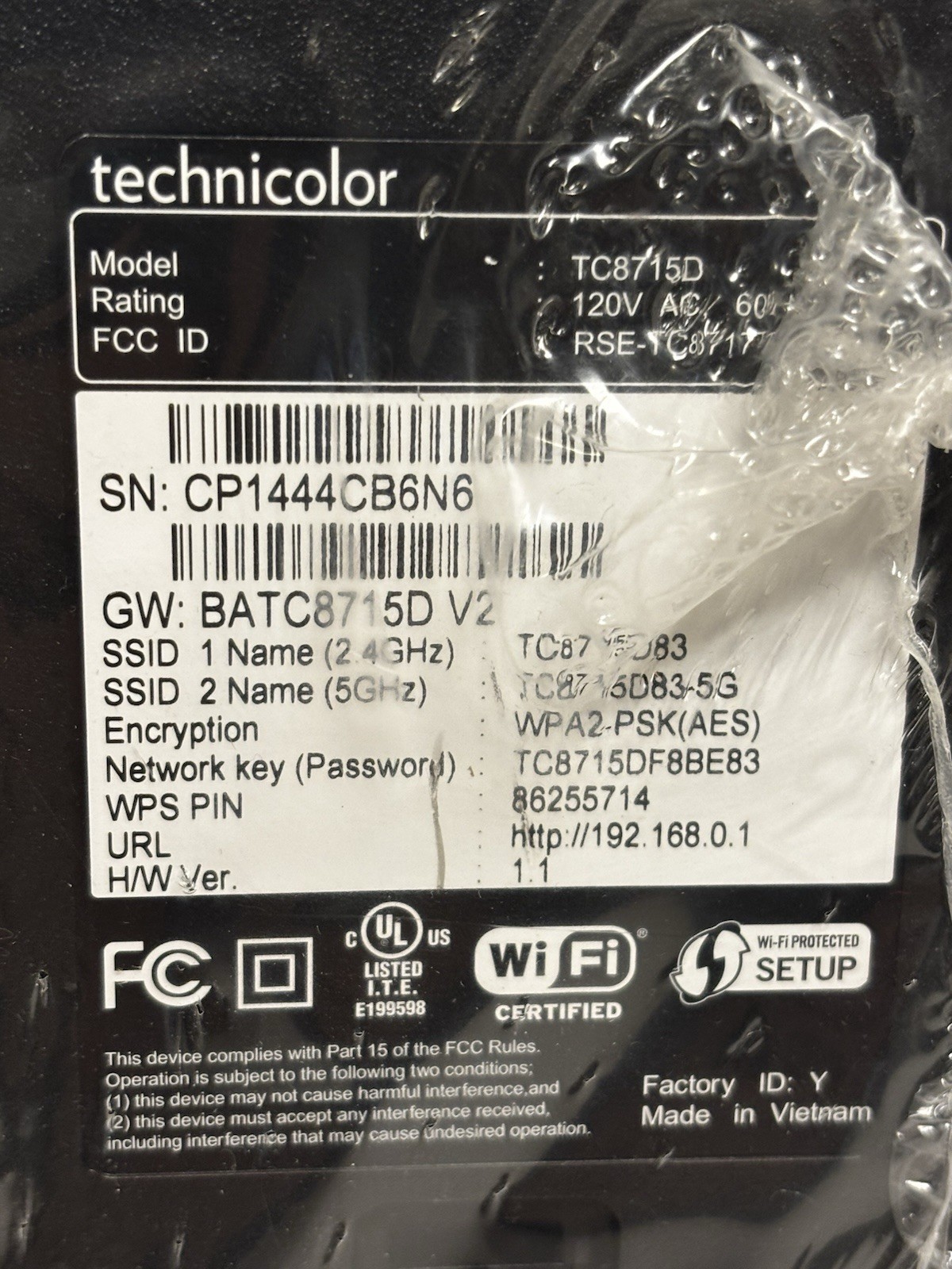 TECHNICOLOR TC8715D CABLE MODEM WIRELESS ROUTER DOCSIS 3.0 w/ power cord
