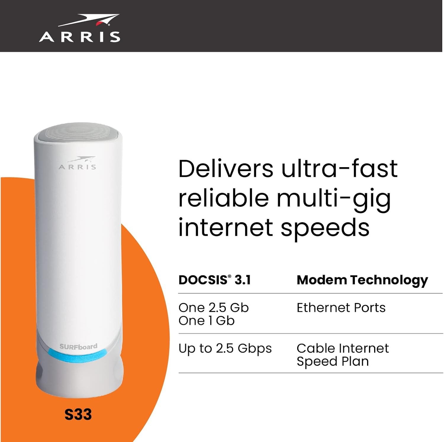 ARRIS S33 Cable Modem DOCSIS 3.1 Multi-Gigabit WiFi Max Internet Speed 2.5 Gbps