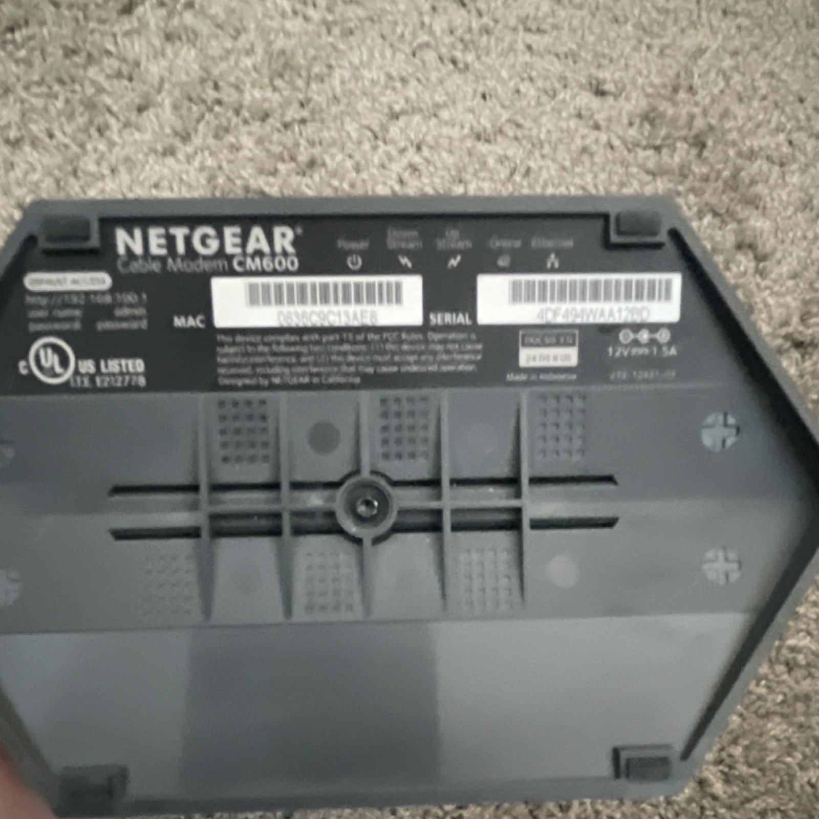 NETGEAR CM600 Cable Modem Black Wired Ethernet RJ-45 with Power Adapter