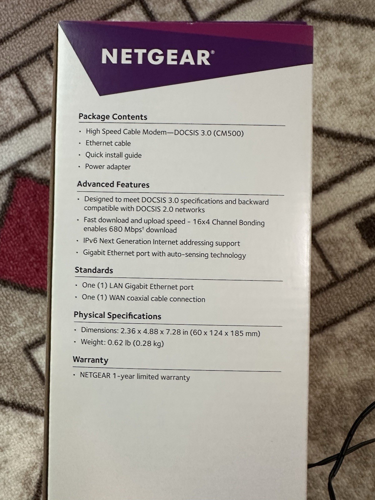 NETGEAR CM500 DOCSIS 3.0 Cable Modem 680Mbps Gigabit Ethernet