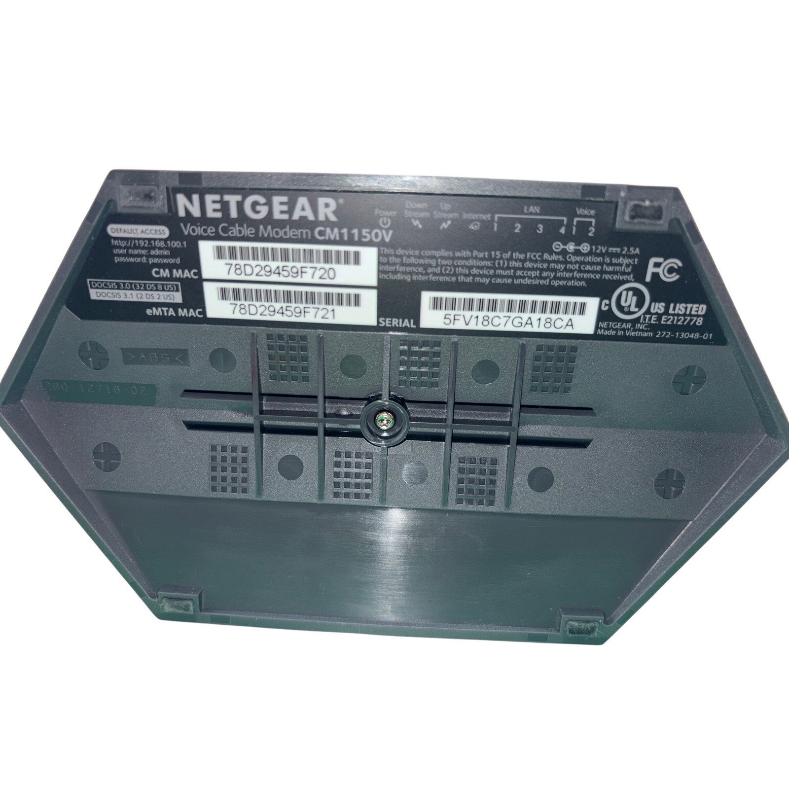 NETGEAR Nighthawk CM1150V DOCSIS 3.1 Multi-Gig Cable Modem Voice Xfinity Black